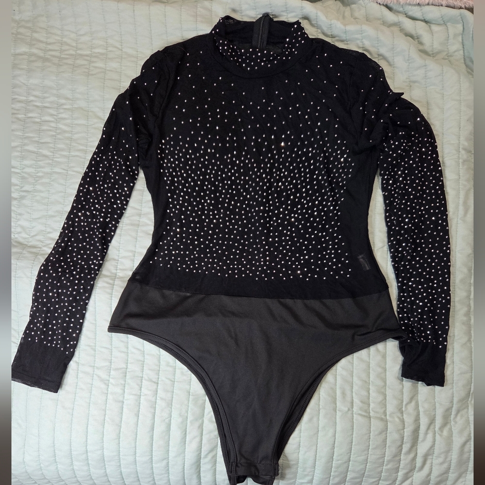 Black Long Sleeve Bodysuit with Silver Accents